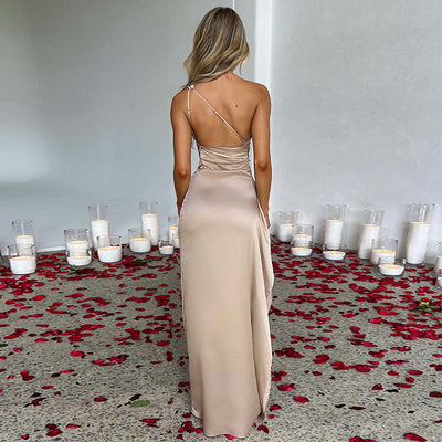 Sexy one-shoulder backless slit dress in solid satin with slim fit design