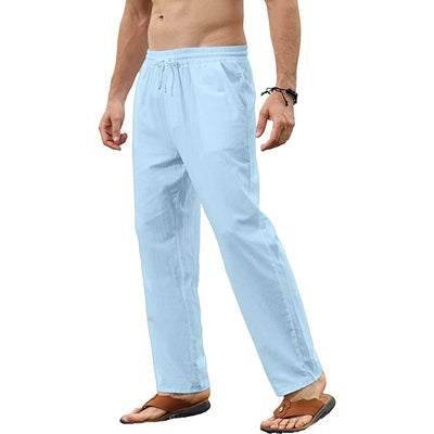 Men's solid color cotton and linen trousers with slim casual fit