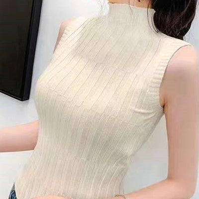 Retro half high neck slim knit sleeveless sweater vest top for women