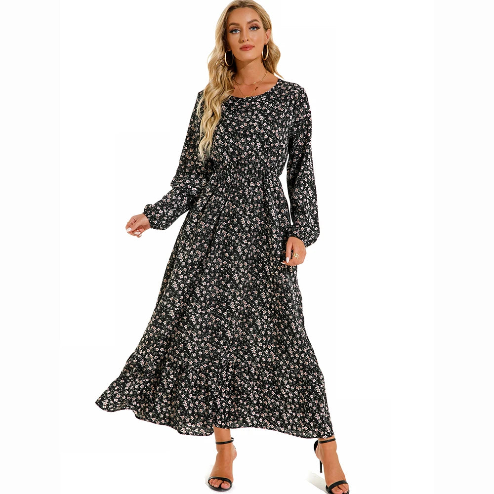 Elegant Women Maxi Dress – Casual Floral Long Sleeve Dress