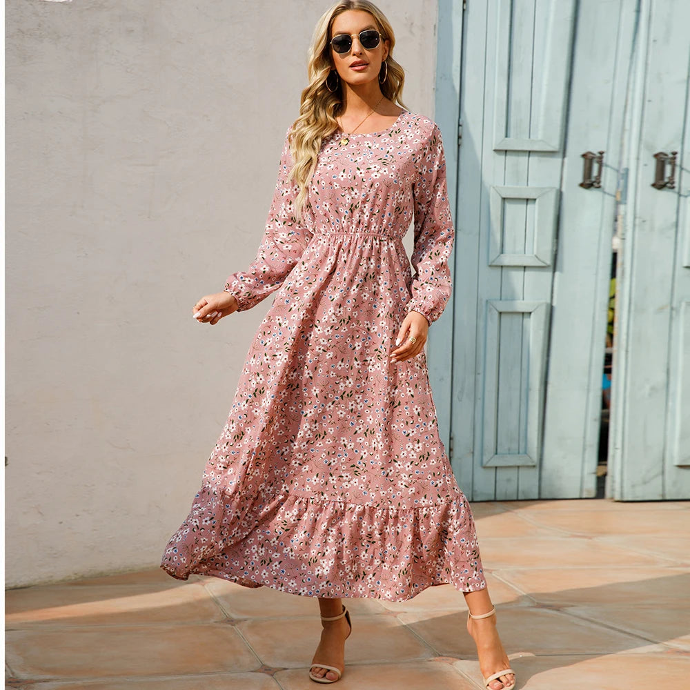 Elegant Women Maxi Dress – Casual Floral Long Sleeve Dress