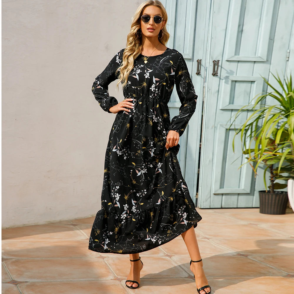 Elegant Women Maxi Dress – Casual Floral Long Sleeve Dress