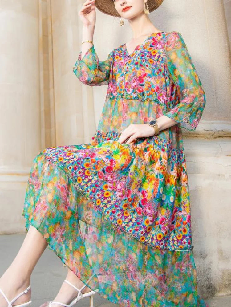 Boho Floral Chiffon Maxi Dress