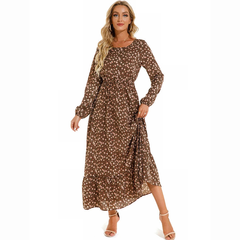 Elegant Women Maxi Dress – Casual Floral Long Sleeve Dress