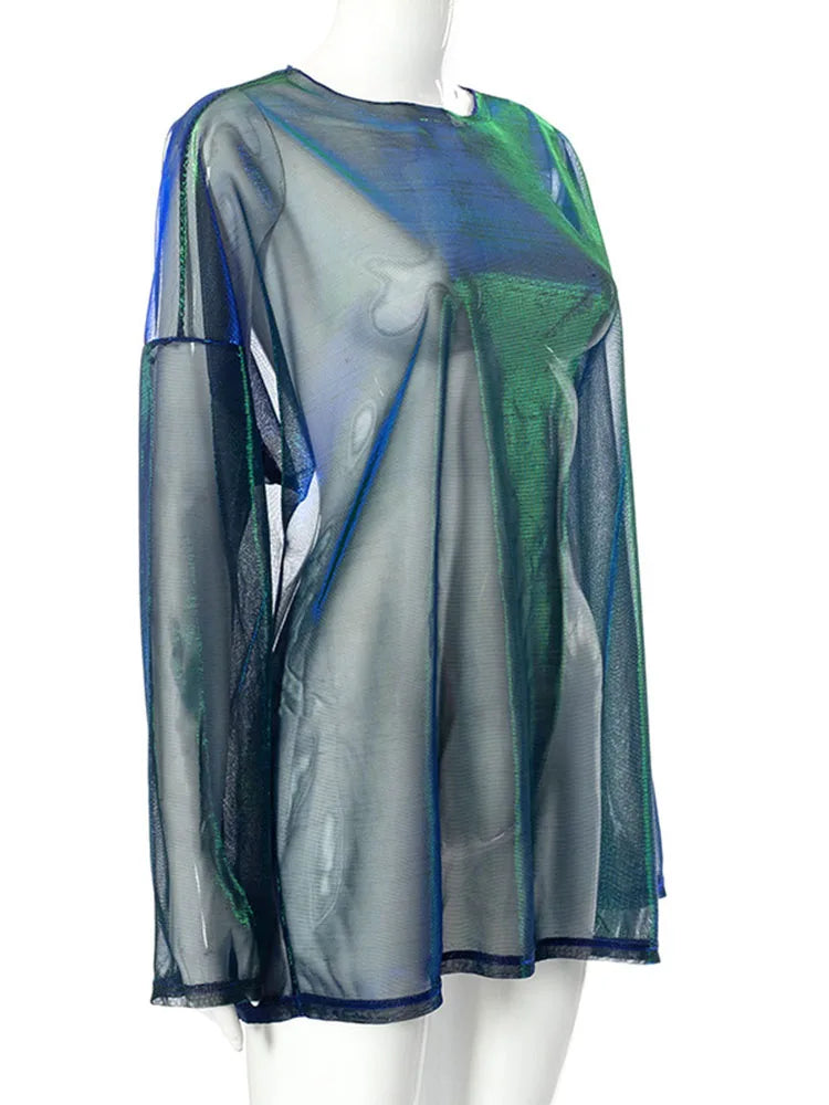 sheer mesh long sleeve top fabric and sleeve detail