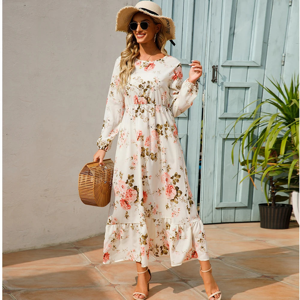 Elegant Women Maxi Dress – Casual Floral Long Sleeve Dress