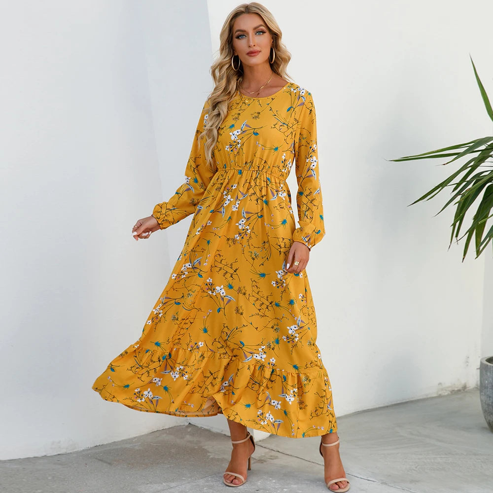 Elegant Women Maxi Dress – Casual Floral Long Sleeve Dress