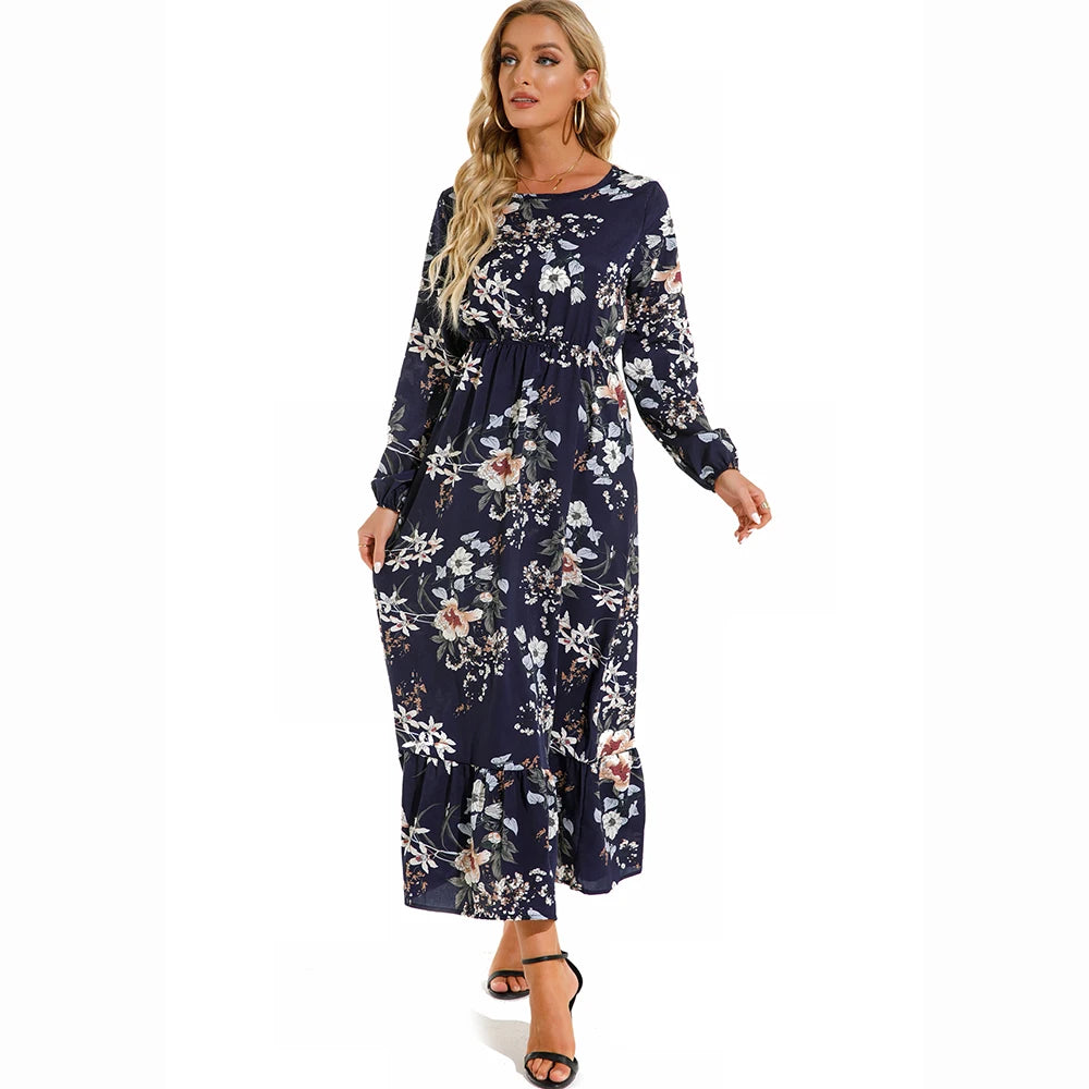 Elegant Women Maxi Dress – Casual Floral Long Sleeve Dress