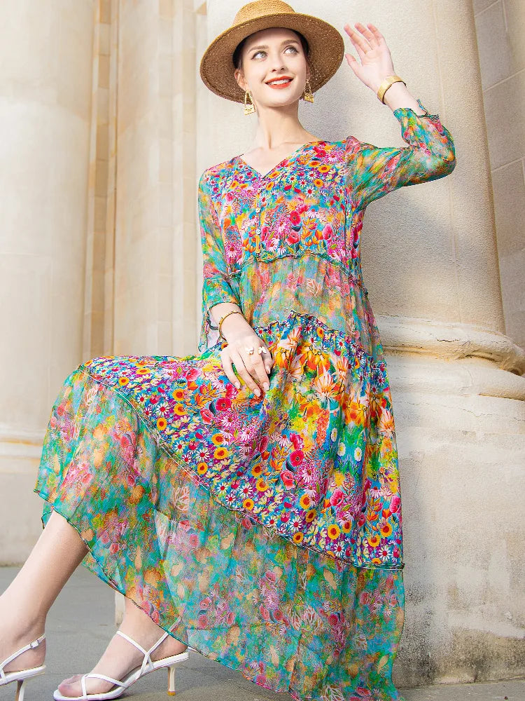 Boho Floral Chiffon Maxi Dress