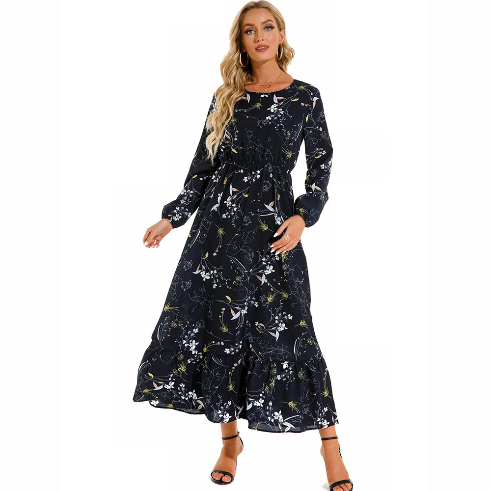 Elegant Women Maxi Dress – Casual Floral Long Sleeve Dress