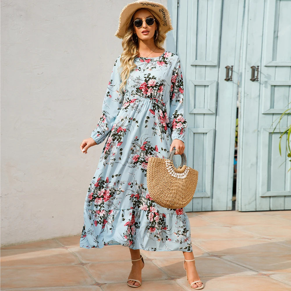 Elegant Women Maxi Dress – Casual Floral Long Sleeve Dress