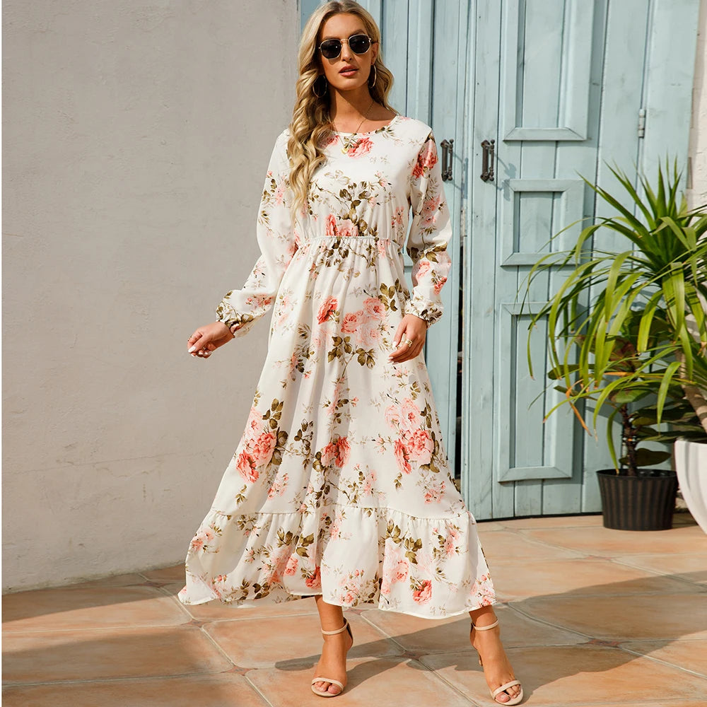 Elegant Women Maxi Dress – Casual Floral Long Sleeve Dress