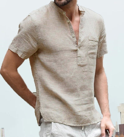 Casual linen solid color shirt with V-neck and loose beach fit for men