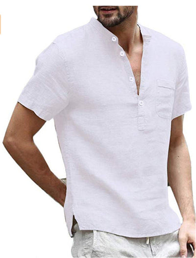 Casual linen solid color shirt with V-neck and loose beach fit for men