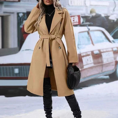 Lapel double-breasted trench coat with belt and long winter design for women