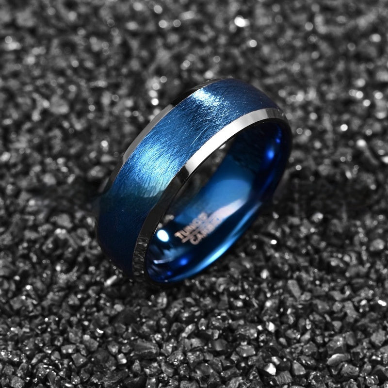 Curved surface electroplated tungsten steel ring with brushed blue finish