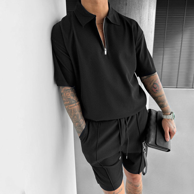 Summer Fashion Mens Clothing clothing set with zipper polo shirt and drawstring shorts