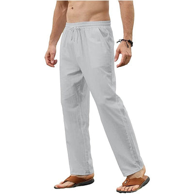 Men's solid color cotton and linen trousers with slim casual fit