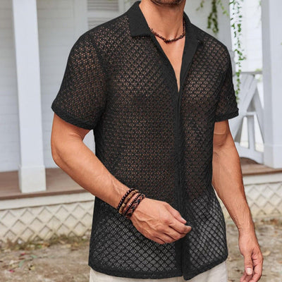Summer mesh lapel shirt men’s short sleeve beach top in solid color