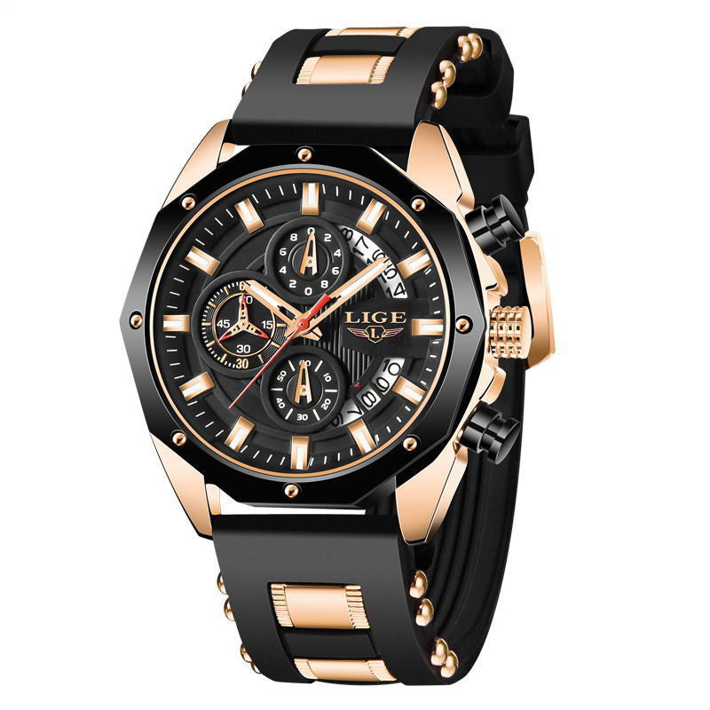 Fashion mens watches with quartz chronograph, silicone strap, and waterproof design