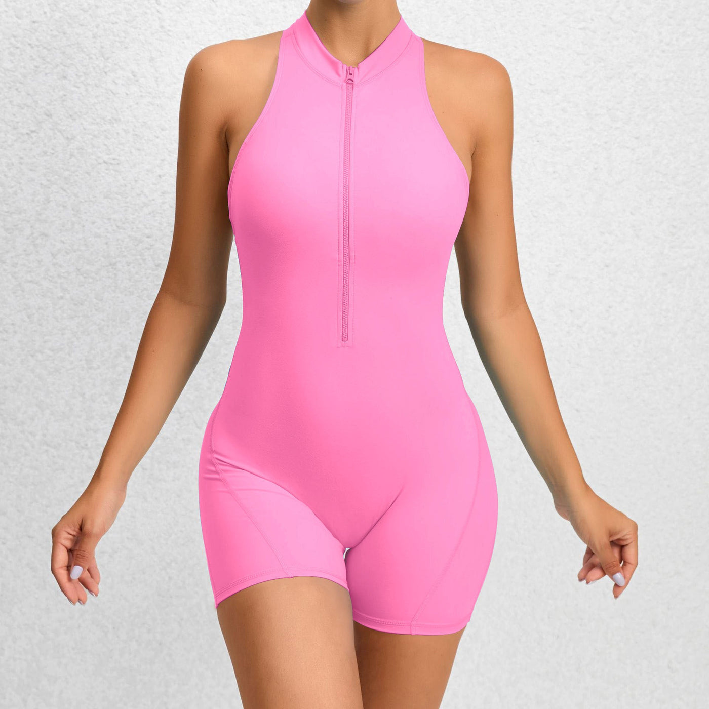 Zippered yoga shorts jumpsuit with tummy control and butt-lifting fit
