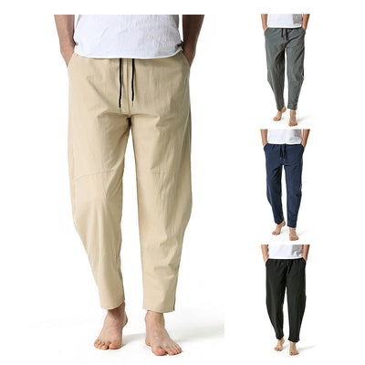 Men's linen cotton loose casual pants with straight leg and solid color design