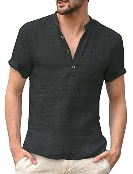 Casual linen solid color shirt with V-neck and loose beach fit for men