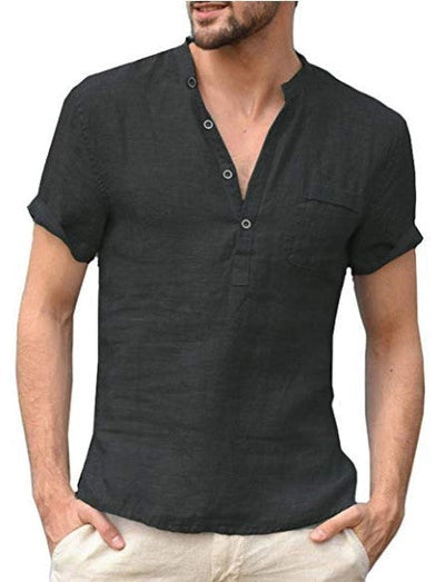 Casual linen solid color shirt with V-neck and loose beach fit for men