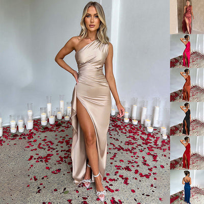 Sexy one-shoulder backless slit dress in solid satin with slim fit design