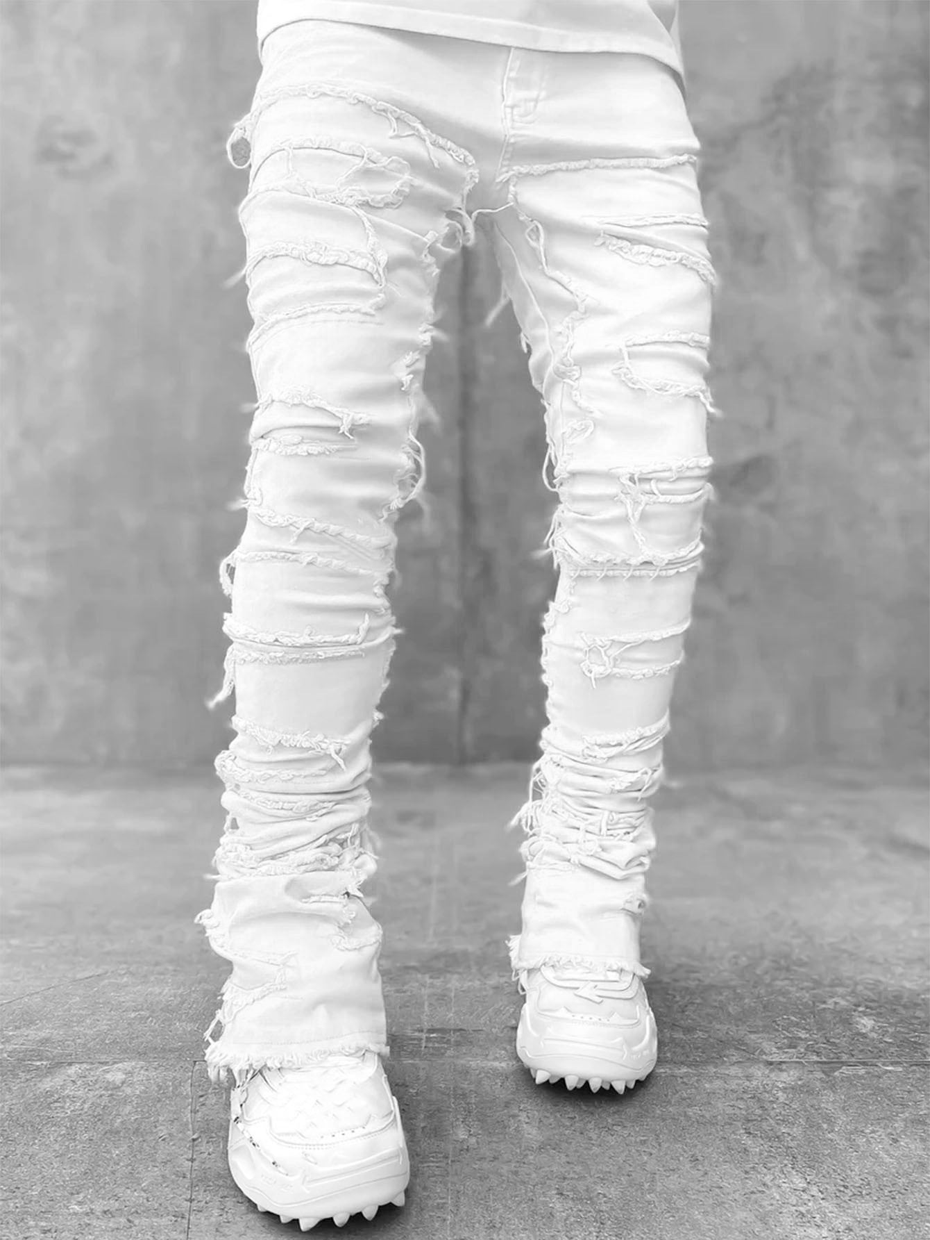 Men trousers individual patched pants with tight fit and stacked jeans style