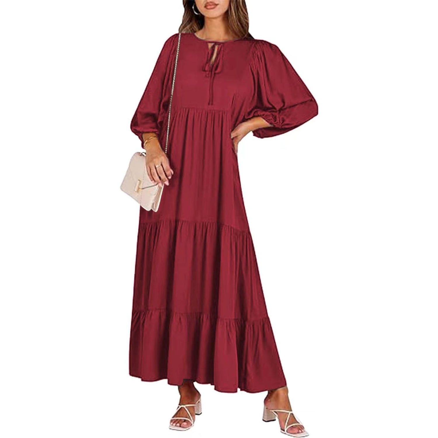 Summer women’s vintage printed bohemian dress with V-neck and loose maxi fit
