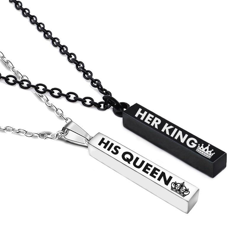 Crown Her King His Queen bar pendant couple necklace in stainless steel