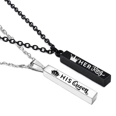 Crown Her King His Queen bar pendant couple necklace in stainless steel