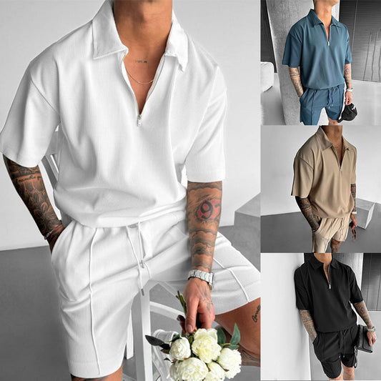 Summer Fashion Mens Clothing clothing set with zipper polo shirt and drawstring shorts