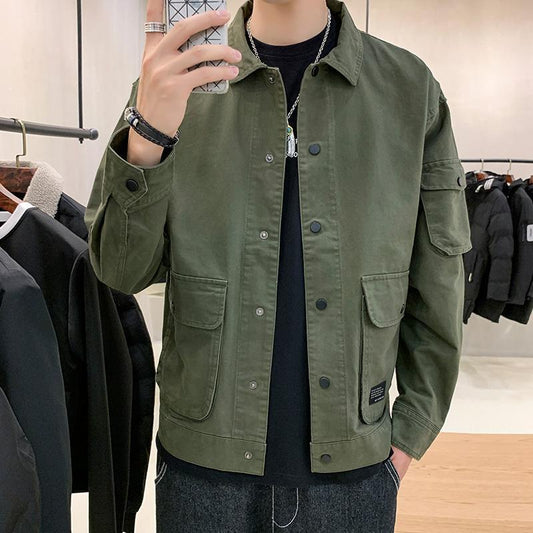 Mens casual clothes autumn coat with lapel collar and loose Korean tooling design