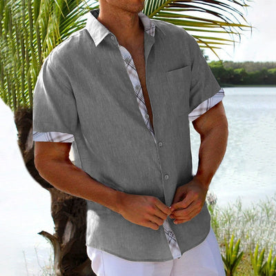 Men’s short‑sleeve solid shirt with plaid side panels for beach and streetwear