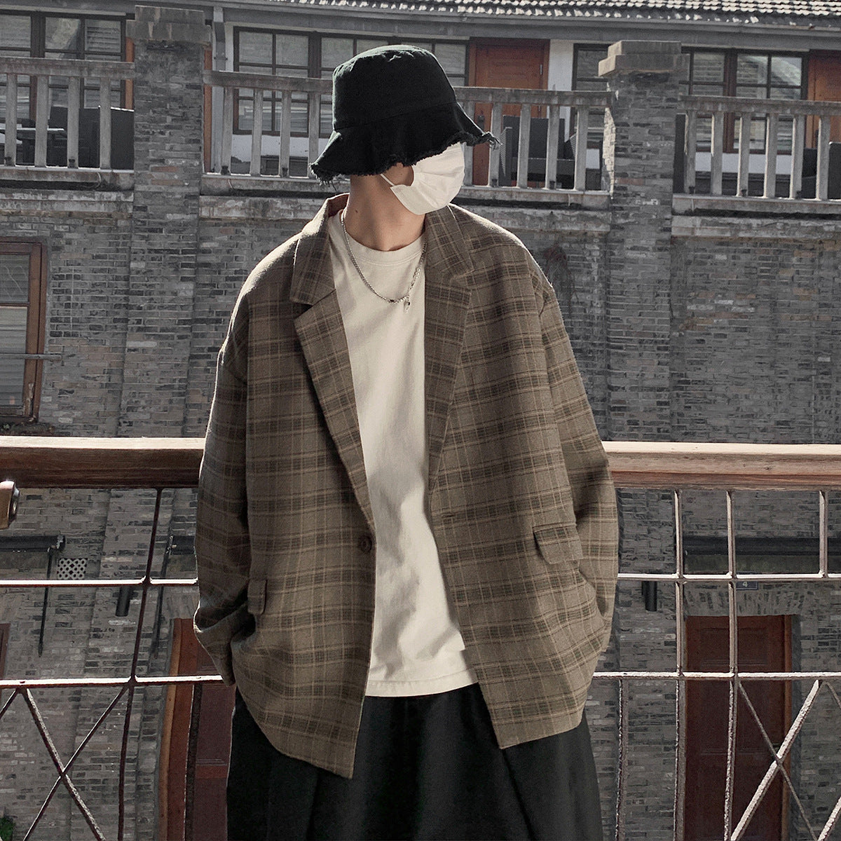 Retro casual loose jacket men’s plaid design in breathable acetate fabric