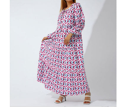 Summer women’s vintage printed bohemian dress with V-neck and loose maxi fit