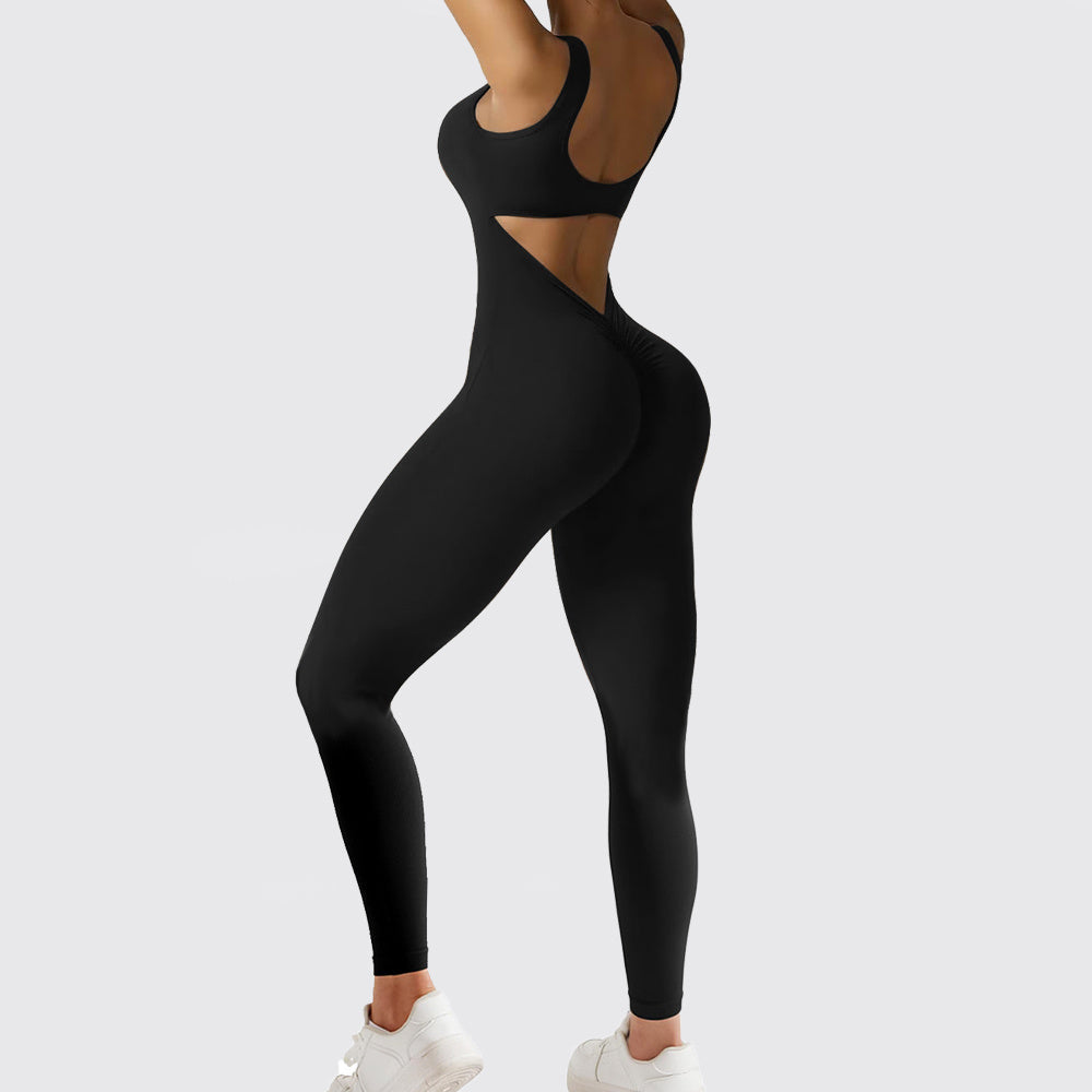 Women Sleeveless Flare Jumpsuits with yoga-ready fit and flared long pants balck