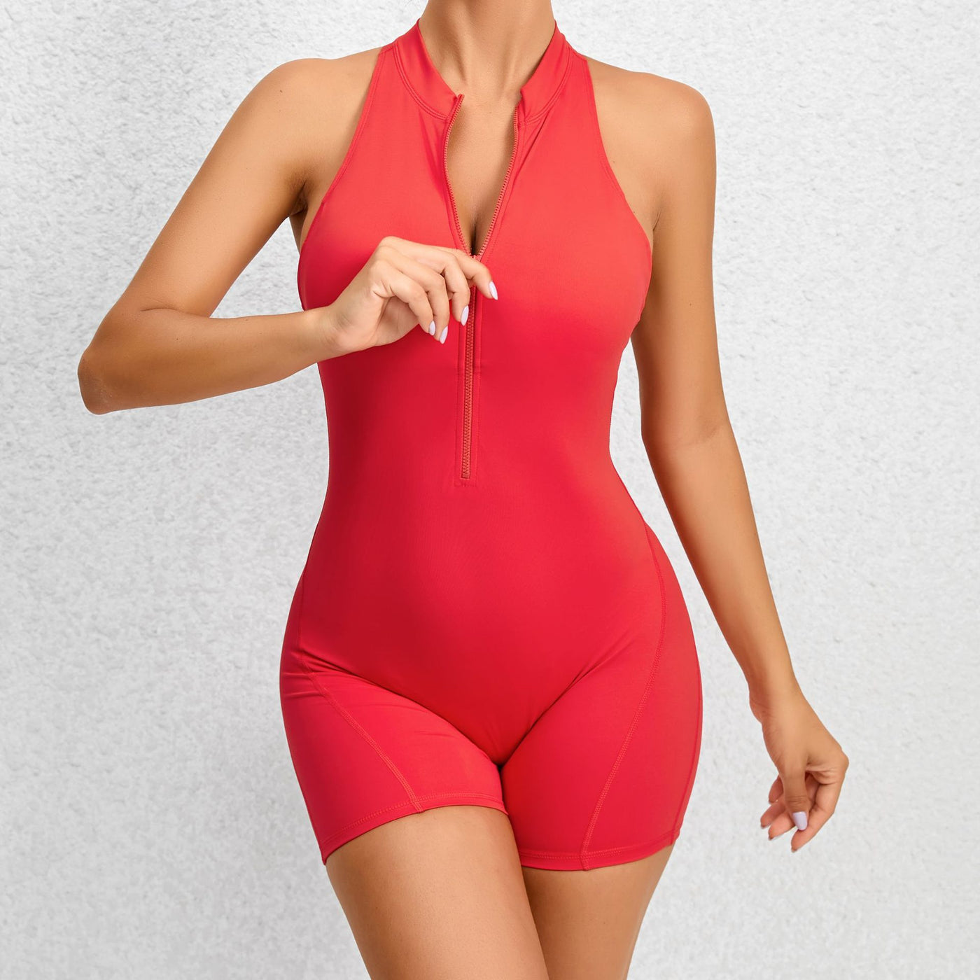 Zippered yoga shorts jumpsuit with tummy control and butt-lifting fit