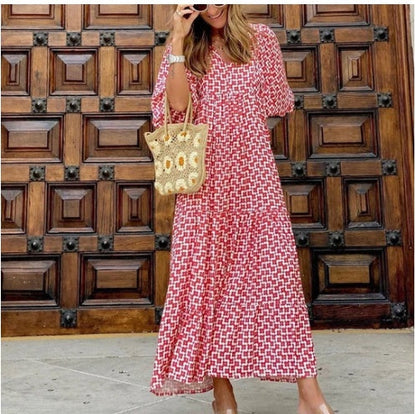 Summer women’s vintage printed bohemian dress with V-neck and loose maxi fit