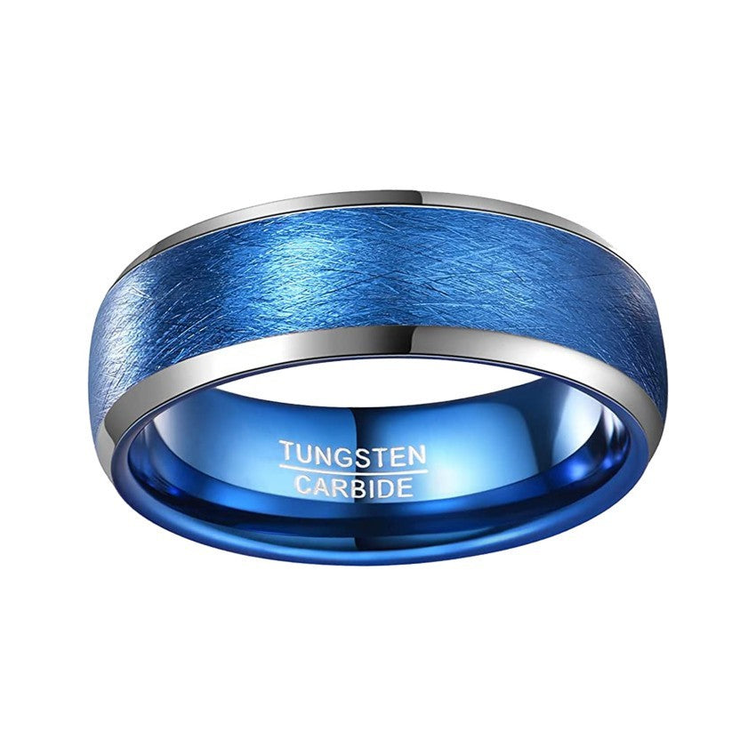 Curved surface electroplated tungsten steel ring with brushed blue finish