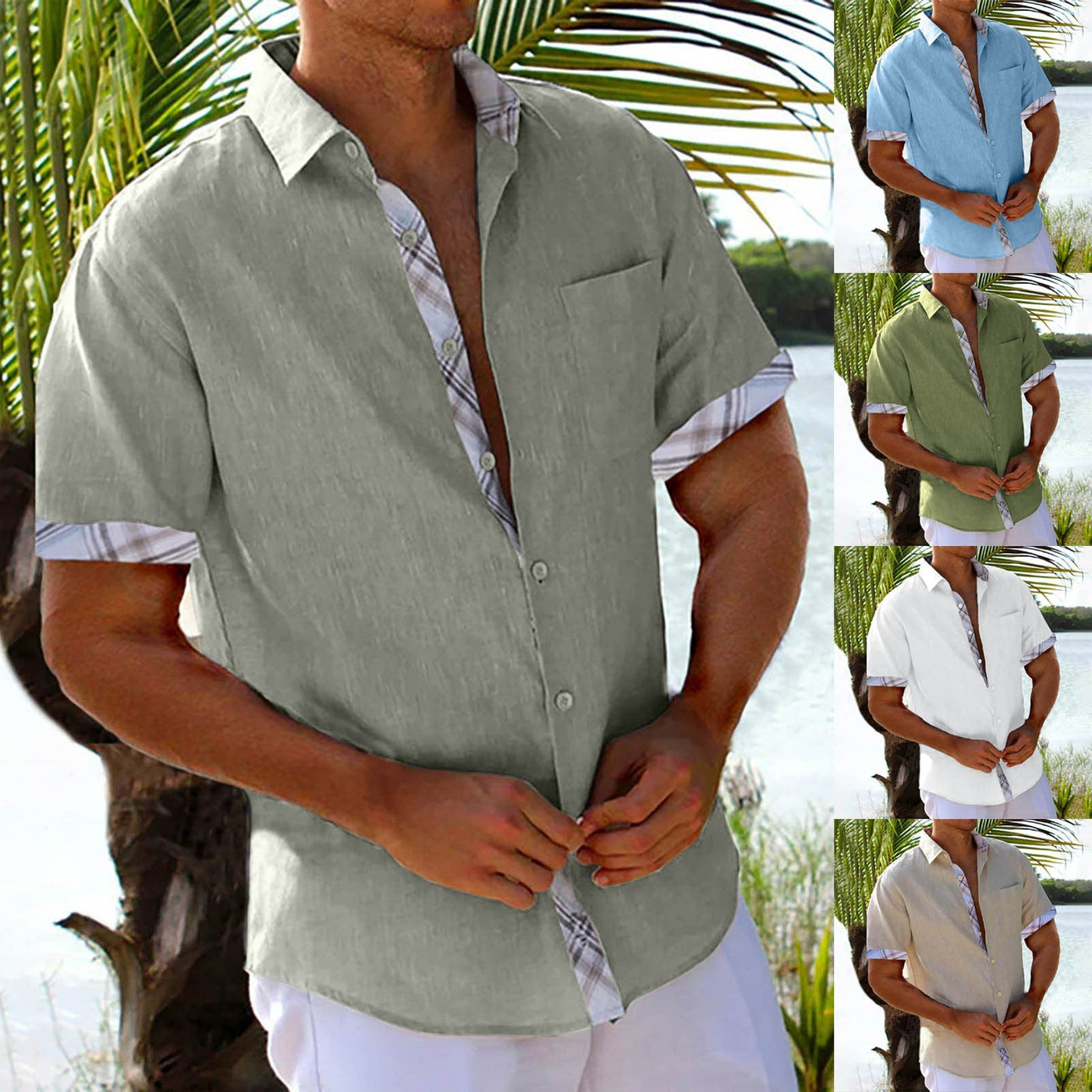 Vacation Short Sleeve Shirt with plaid side panels for beach and streetwear