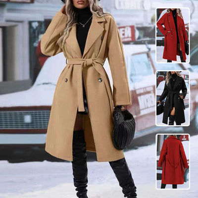 Lapel double-breasted trench coat with belt and long winter design for women
