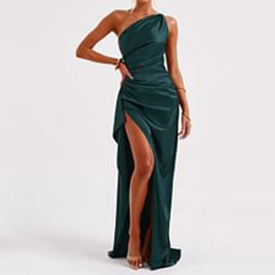 Sexy one-shoulder backless slit dress in solid satin with slim fit design