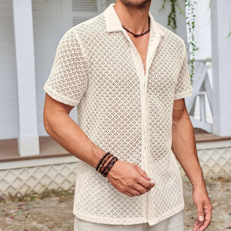 Summer mesh lapel shirt men’s short sleeve beach top in solid color