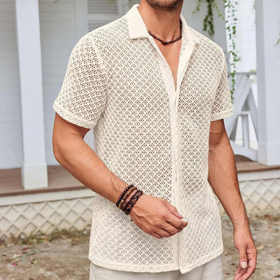 Summer mesh lapel shirt men’s short sleeve beach top in solid color