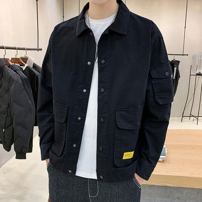 Men’s casual clothes autumn coat with lapel collar and loose Korean tooling design