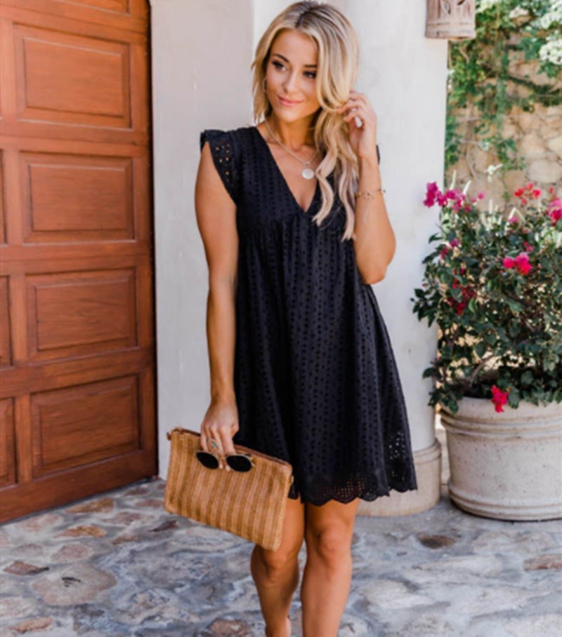 Lace dresses with pocket, sleeveless jacquard cutout V-neck summer beachwear