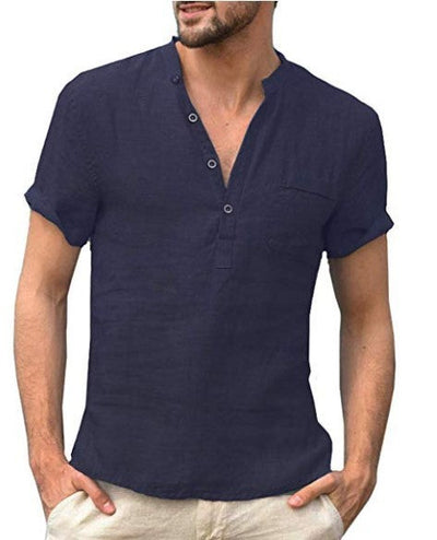 Casual linen solid color shirt with V-neck and loose beach fit for men
